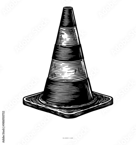 Isolated Black and White Illustration of Traffic Cone in Detailed Engraved Style