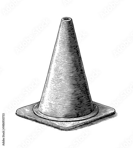 Detailed Engraving of a Traffic Cone with Black and White Line Art on a White Background