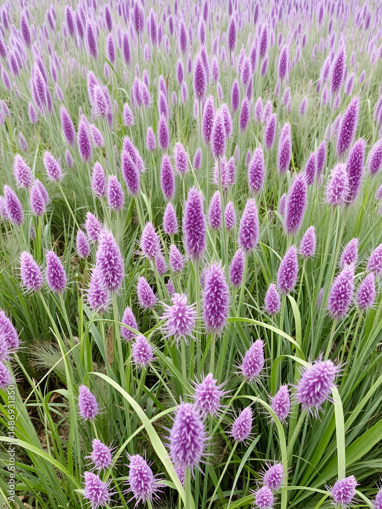 Obraz premium Vibrant field of Cyperus rotundus showcasing varying shades of green and purple sedge plants in a natural landscape setting.