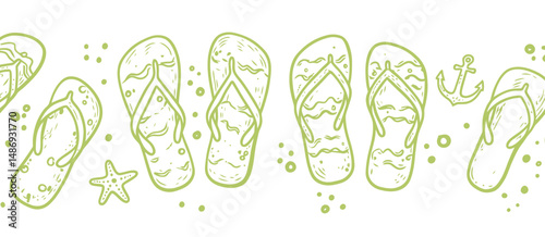 Pattern of green flip flops starfish and anchors on a white background summer beach vacation theme design