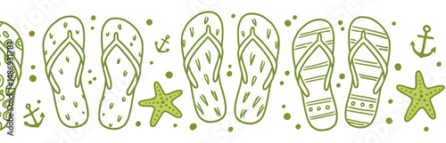 A seamless border pattern of green flip flops starfish and anchors on a white background in a row design