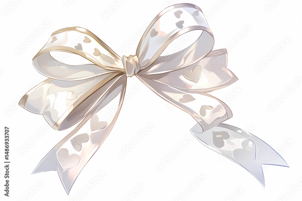 Naklejka premium Elegant cream-colored ribbon bow with subtle heart patterns. Perfect for adding a touch of romance to your designs.