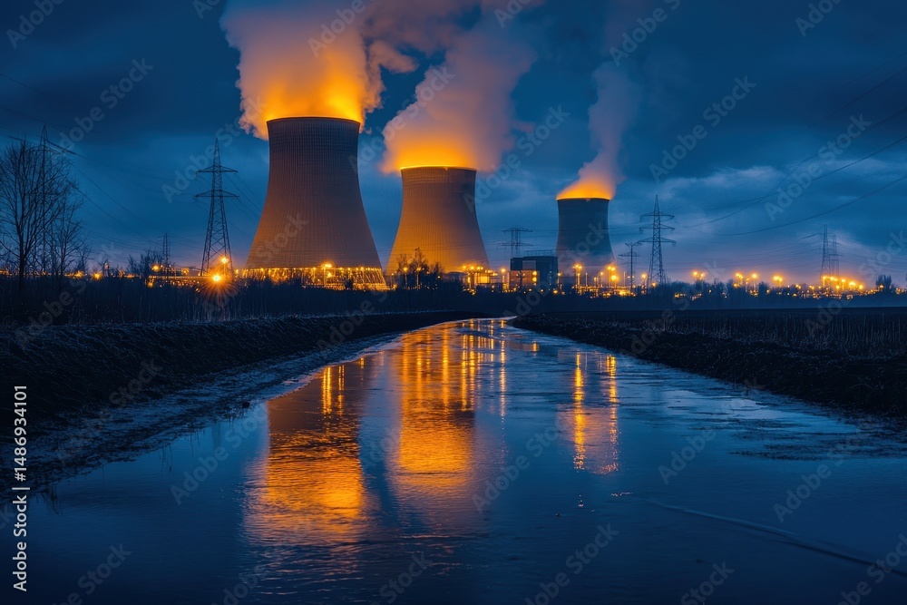 Night view of a nuclear power plant with orange illuminated cooling towers. Show the need for energy, or climate change or sustainable development. Night view of a nuclear power plant with orange illuminated cooling towers. Show the need for energy, or climate change or sustainable development.