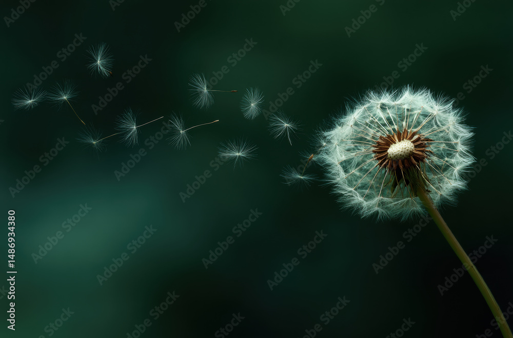 Fototapeta premium Dandelion puff releasing seeds into air, creating serene and tranquil atmosphere. soft, delicate seeds float gracefully
