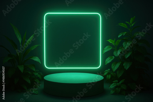 Glowing green neon frame on pedestal surrounded by lush greenery in dark setting