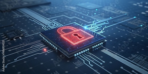 Cybersecurity: An illuminated padlock, the symbol of digital security, shines brightly on a circuit board, embodying the importance of protecting data and systems in the digital age.  
