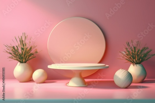 Minimalist display with round mirror, vases, and subtle pastel tones in interior setting