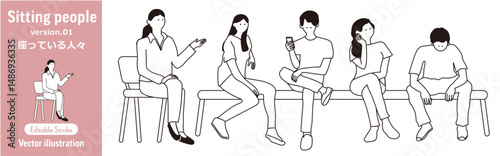 座っている人々、座る人物、座りポーズの人物アイコン ベクター素材集 (休憩/会話/シンプルライン/編集可能)