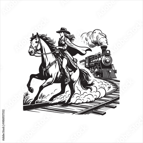 Cowboy on Horse Chasing Train with Western Saloon – Black and White Line Art

