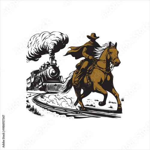 Cowboy on Horse Chasing Train with Western Saloon – Black and White Line Art

