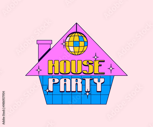 House party disco invitation cartoon hand drawn icon or banner