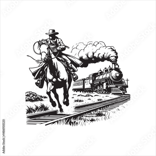 Cowboy on Horse Chasing Train with Western Saloon – Black and White Line Art

