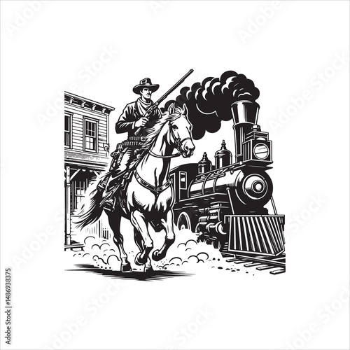 Cowboy on Horse Chasing Train with Western Saloon – Black and White Line Art

