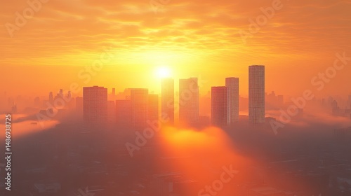 Orange Sunrise Cityscape with Fog and Silhouetted Skyscrapers