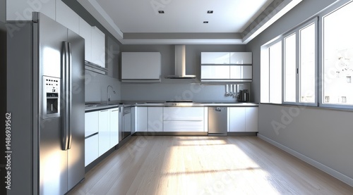 Wallpaper Mural Modern kitchen with stainless steel appliances, white cabinets, and wood flooring. Sunlight streams through large windows Torontodigital.ca