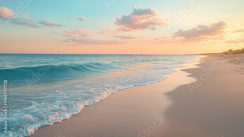 Peaceful Sunset Beach Scene Soft Pink and Orange Sky, Gentle Waves on a Sandy Shore