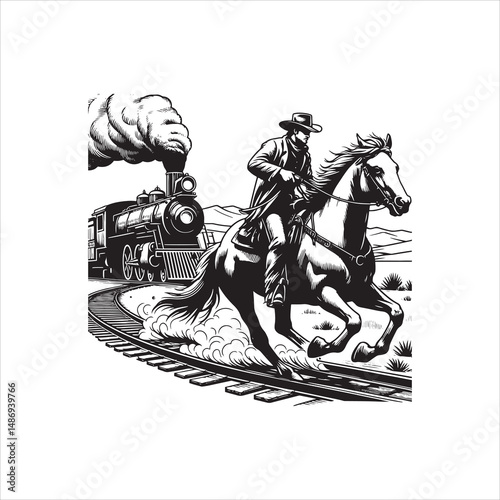 Cowboy on Horse Chasing Train with Western Saloon – Black and White Line Art

