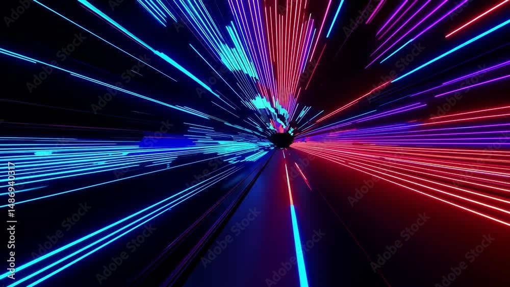Dynamic neon light trails in futuristic tunnel with vibrant colors and motion blur