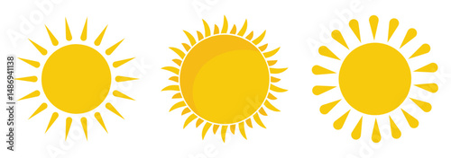 Sun icon set. Yellow and black Color. Vector Illustration. Shine sun ray set. Sunset icon collection. 