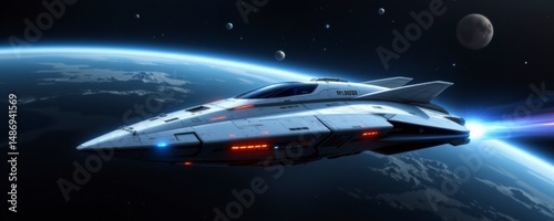 Wallpaper Mural White Spaceship Orbiting Blue Planet in Dark Space Torontodigital.ca