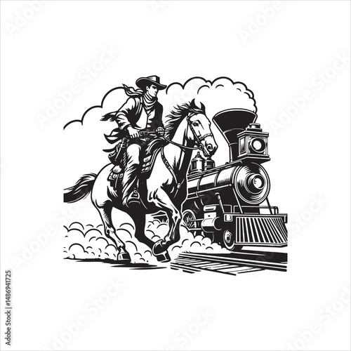 Cowboy on Horse Chasing Train with Western Saloon – Black and White Line Art

