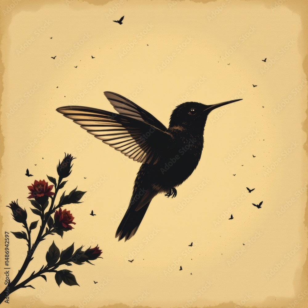 Fototapeta premium Dark Silhouette Hummingbird with Red Roses on Vintage Paper Background