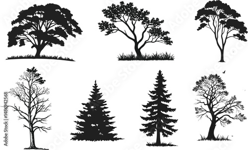 collection of wild life tree silhouette set