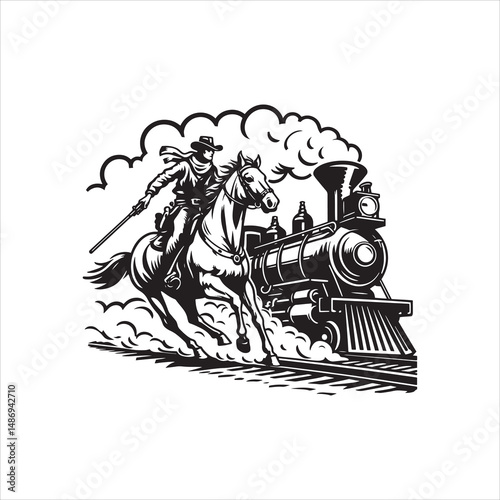 Cowboy on Horse Chasing Train with Western Saloon – Black and White Line Art

