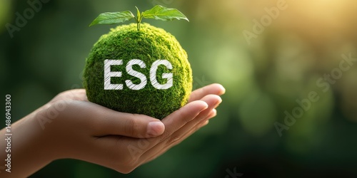 Social investment business concept. ESG and environmental governance, human hand holding green ESG icon, sustainable global clean energy, sustainable and ethical corporate development.