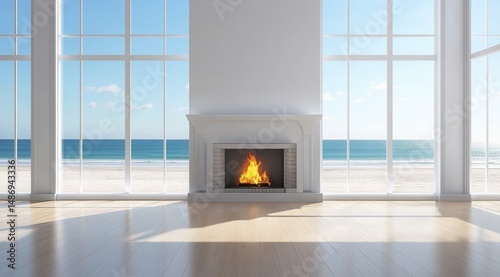 Coastal living room with fireplace and ocean view