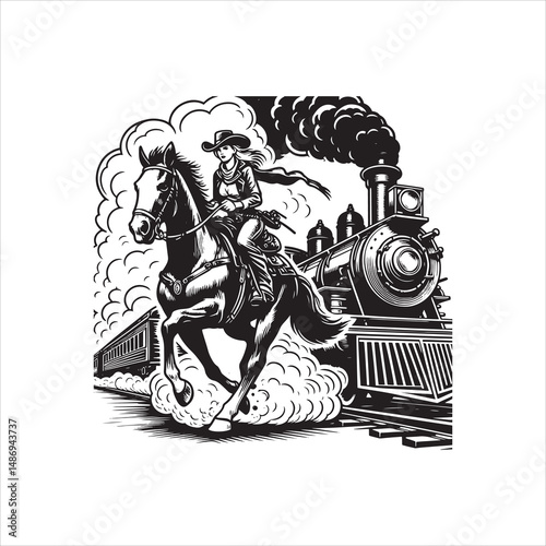 Cowboy on Horse Chasing Train with Western Saloon – Black and White Line Art

