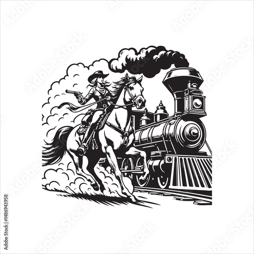 Cowboy on Horse Chasing Train with Western Saloon – Black and White Line Art

