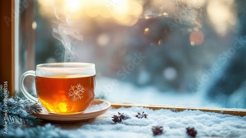 Warm Golden Tea in Glass Cup on Snowy Windowsill Winter Scene