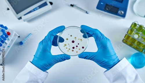 Petri Dish with Bacteria Colony Held in Gloved Hands