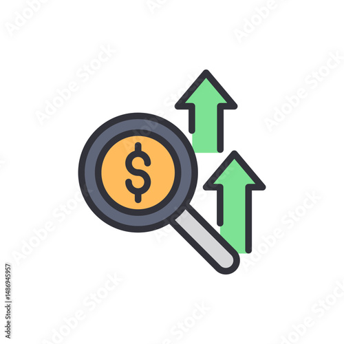 Magnifying Glass On A Coin And Arrows Up Symbolizing Financial Growth