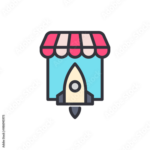 Creative Storefront Displaying Futuristic Rocket Ship Icon Concept