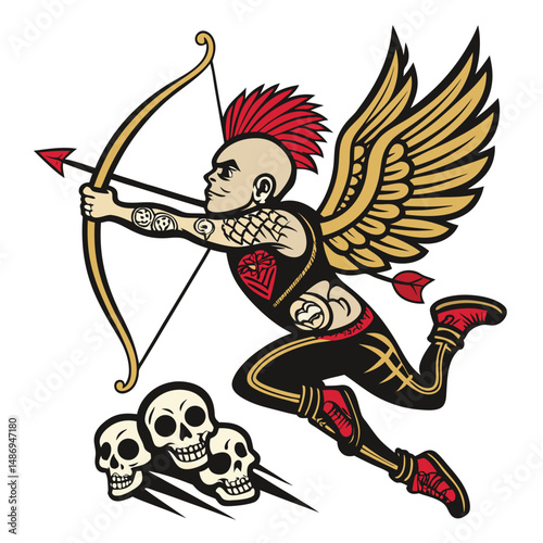 A rebellious cupid with multiple piercings, a vibrant mohawk, and mischievous grin, expertly aiming arrows.