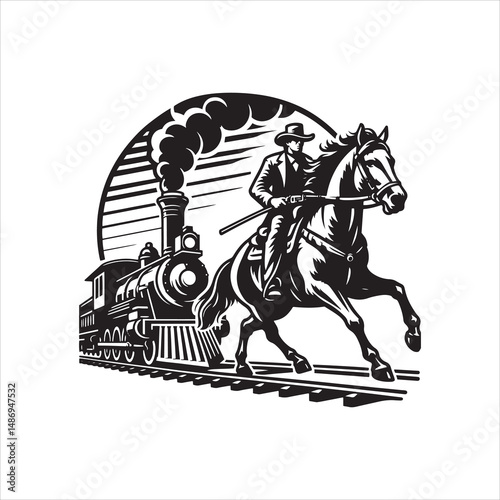 Cowboy on Horse Chasing Train with Western Saloon – Black and White Line Art

