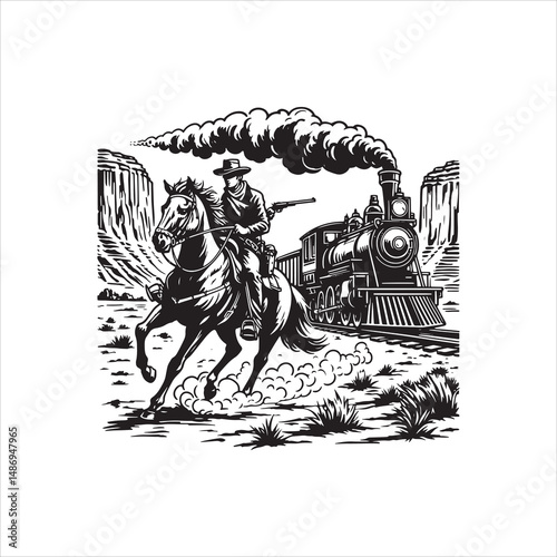 Cowboy on Horse Chasing Train with Western Saloon – Black and White Line Art


