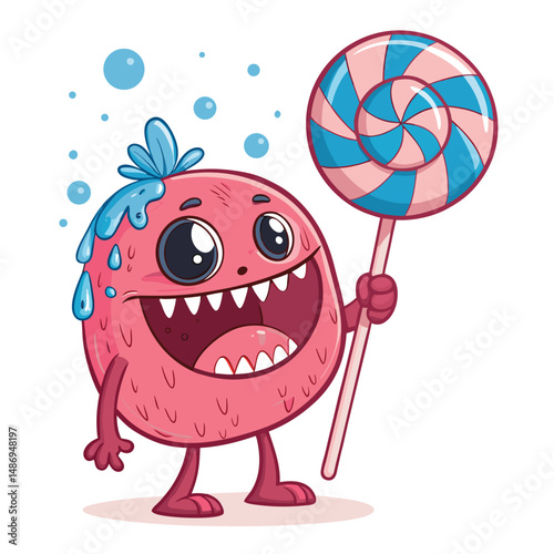 Design a whimsical monster whose head is a giant, melting lollipop, dripping colorful candy.  Include gummy bear details and vibrant, sweet colors.
