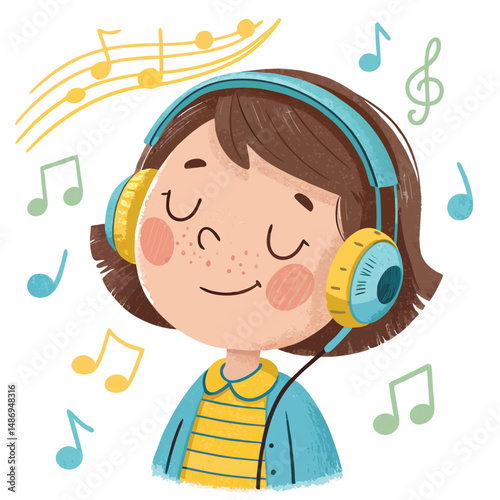 A serene image of a young child, deeply engrossed in listening to calming music through headphones, showcasing peaceful contentment.