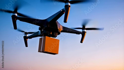 Autonomous drone delivering a brown package against a colorful sunset sky, showcasing modern delivery service and aviation technology