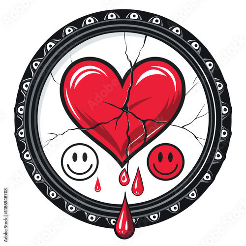 A distressed, cracked mirror, reflecting a bleeding heart; punk aesthetic; grunge; dark; dramatic lighting; shattered glass; visceral; emotional pain.