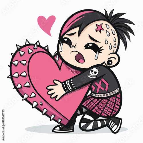 A distraught punk girl with smeared eyeliner, tears streaming, hugs someone unseen, conveying intense sadness and vulnerability.