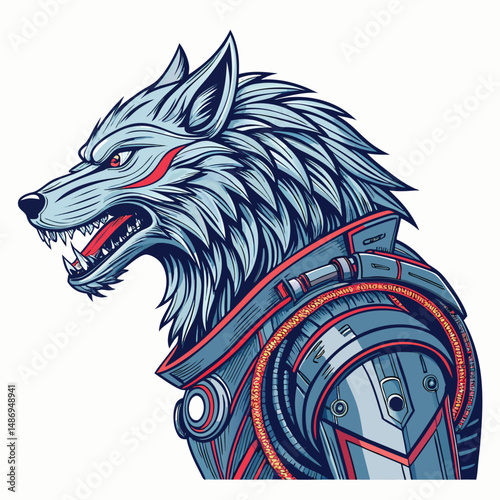 A hyperrealistic depiction of a cyberpunk robotic werewolf, neon wires glowing intensely, metallic fur, advanced mechanics visible.