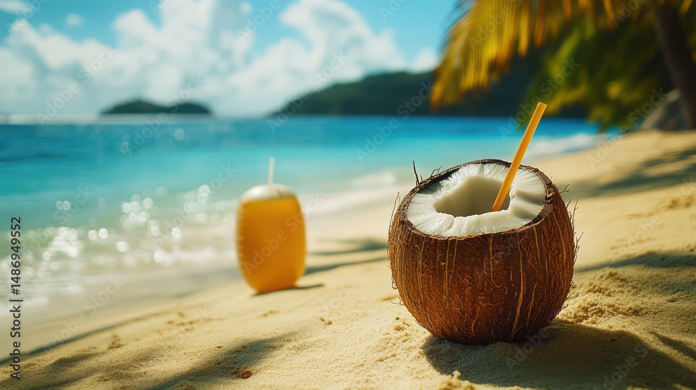 Tropical beach drink, coconut and orange juice Tropical beach drink, coconut and orange juice
