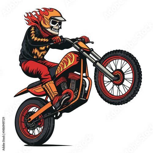Fiery skull-faced biker monster performing a daring wheelie on a blazing orange motorcycle.  Intense flames engulf the scene.