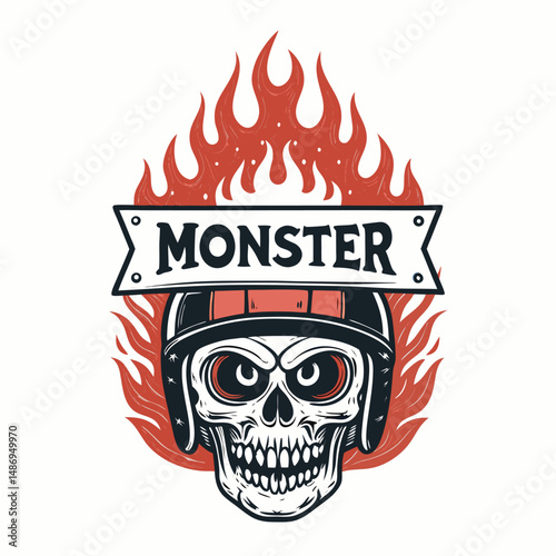 A fiery skull, reminiscent of Ghost Rider, clutches a monstrous sign, engulfed in flames.  Intense lighting, dark background.