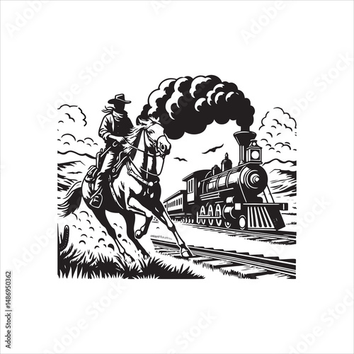 Cowboy on Horse Chasing Train with Western Saloon – Black and White Line Art

