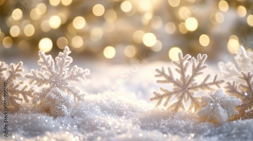 White and Gold Sparkling Snowflakes on Glittering Snow Festive Winter Background